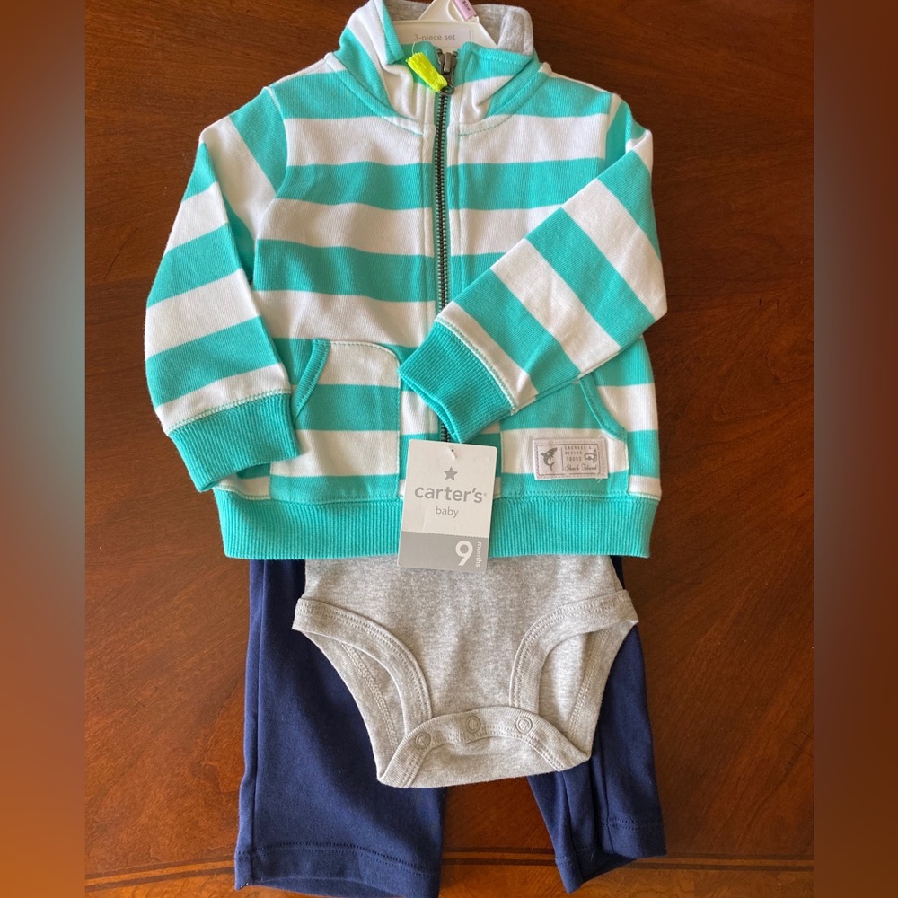 NWT Carter’s Little Boys 3 Piece Set. Jacket, Onesie and Shorts. 9 mos.